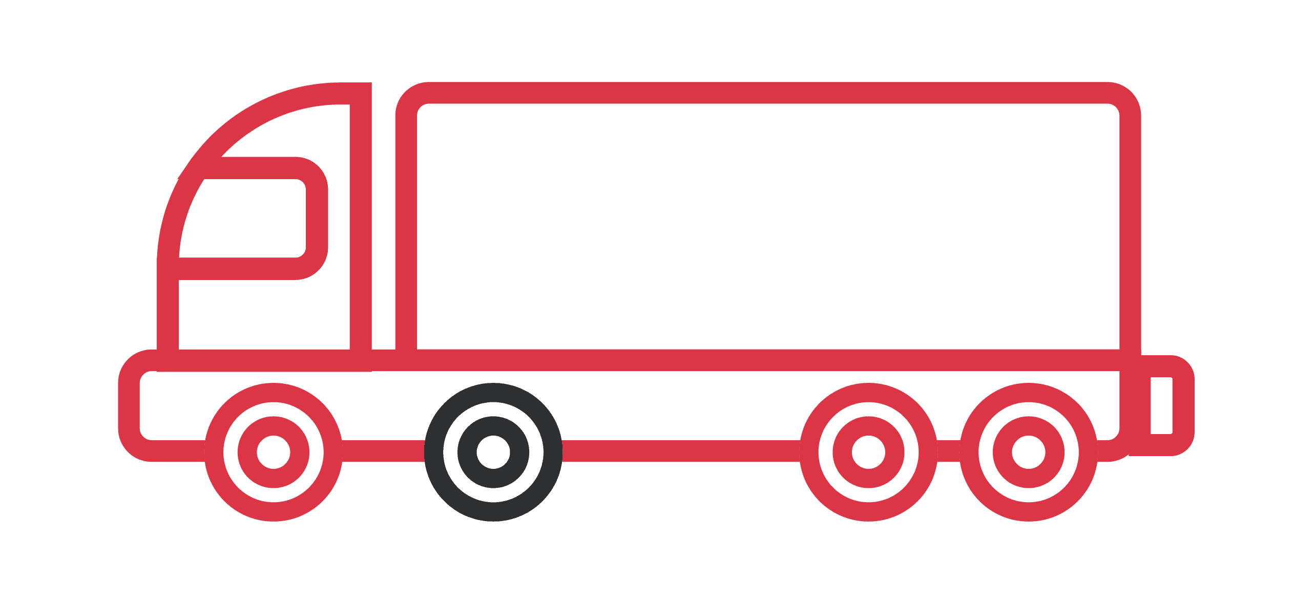 Czerwona ikona ciężarówki z naczepą – graficzny symbol opon na oś napędową (zaznaczone koło).