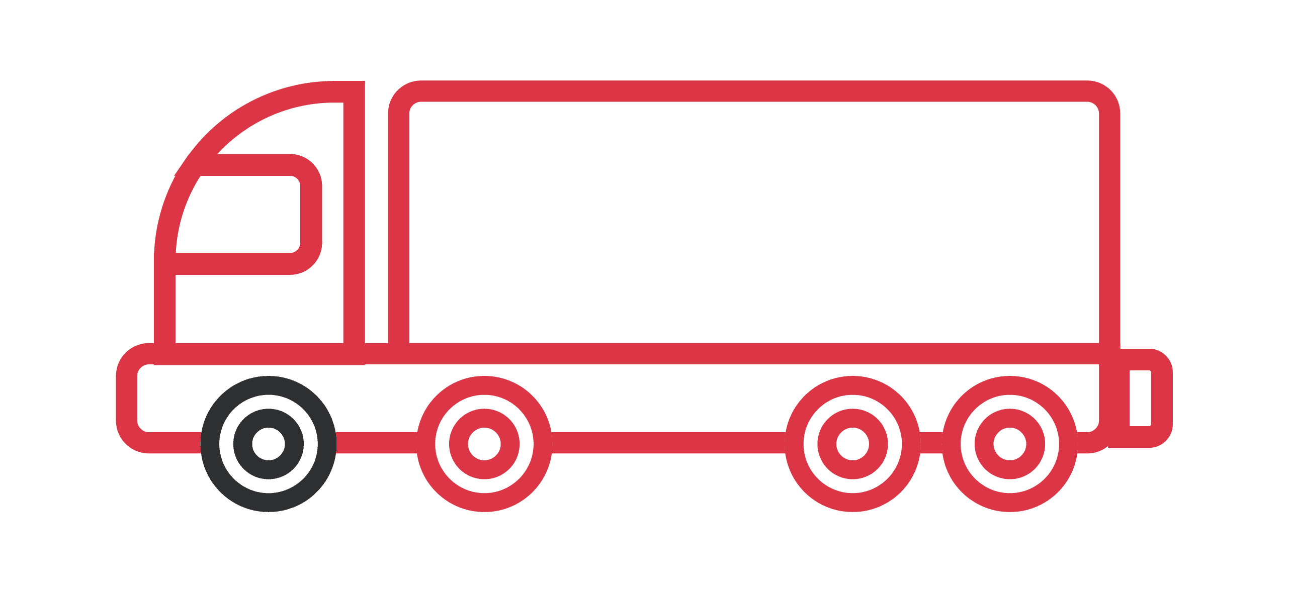 Czerwona ikona ciężarówki z naczepą – graficzne przedstawienie transportu ciężarowego i opon do TIR-a