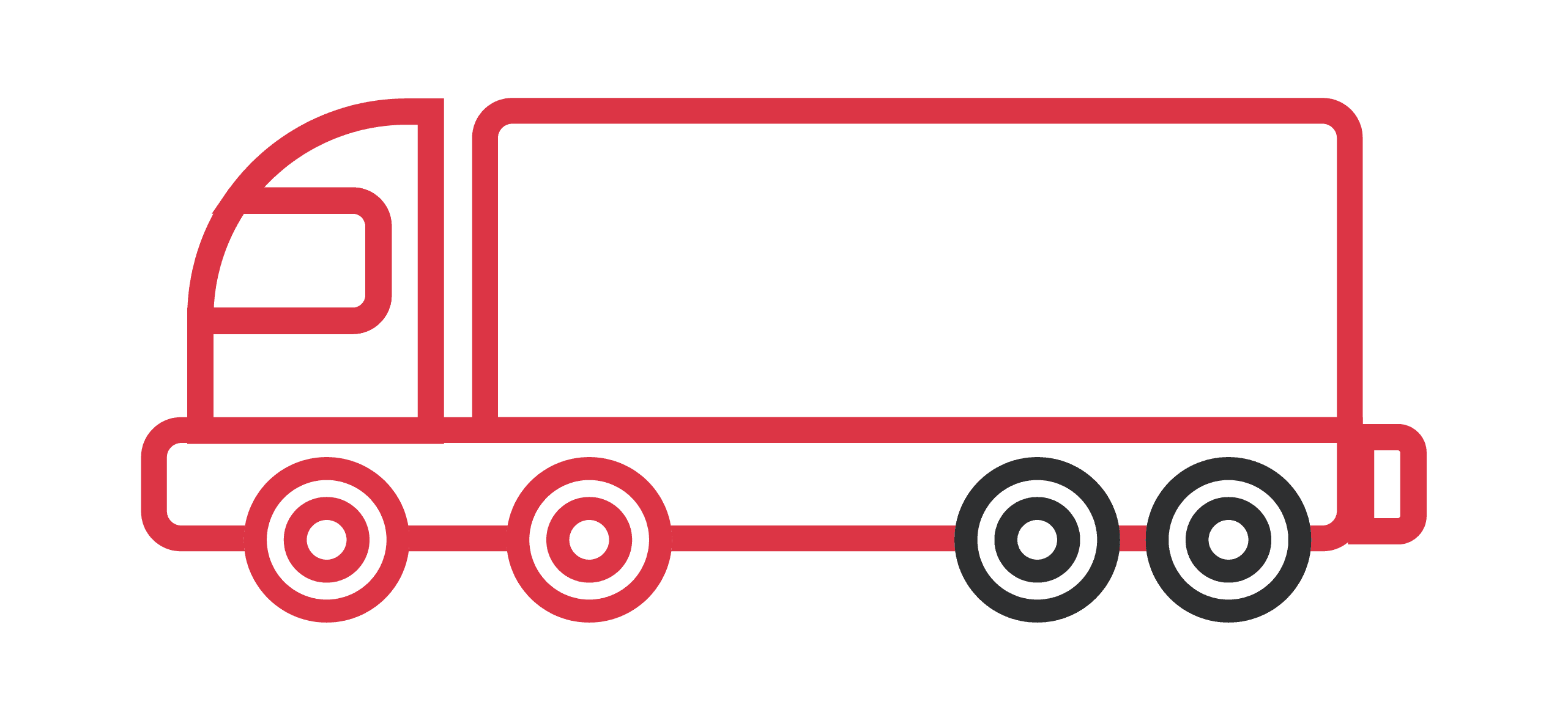 Czerwona ikona ciężarówki z naczepą – graficzny symbol opon do naczep (zaznaczone tylne osie).